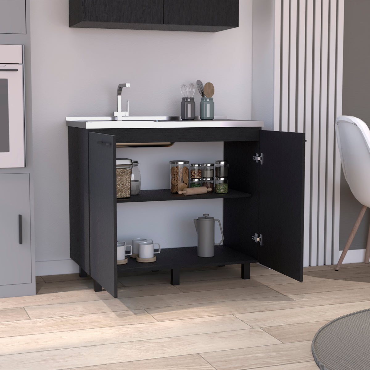 2 Freestanding Utility Base Cabinet - Black, Stainless Steel Countertop
