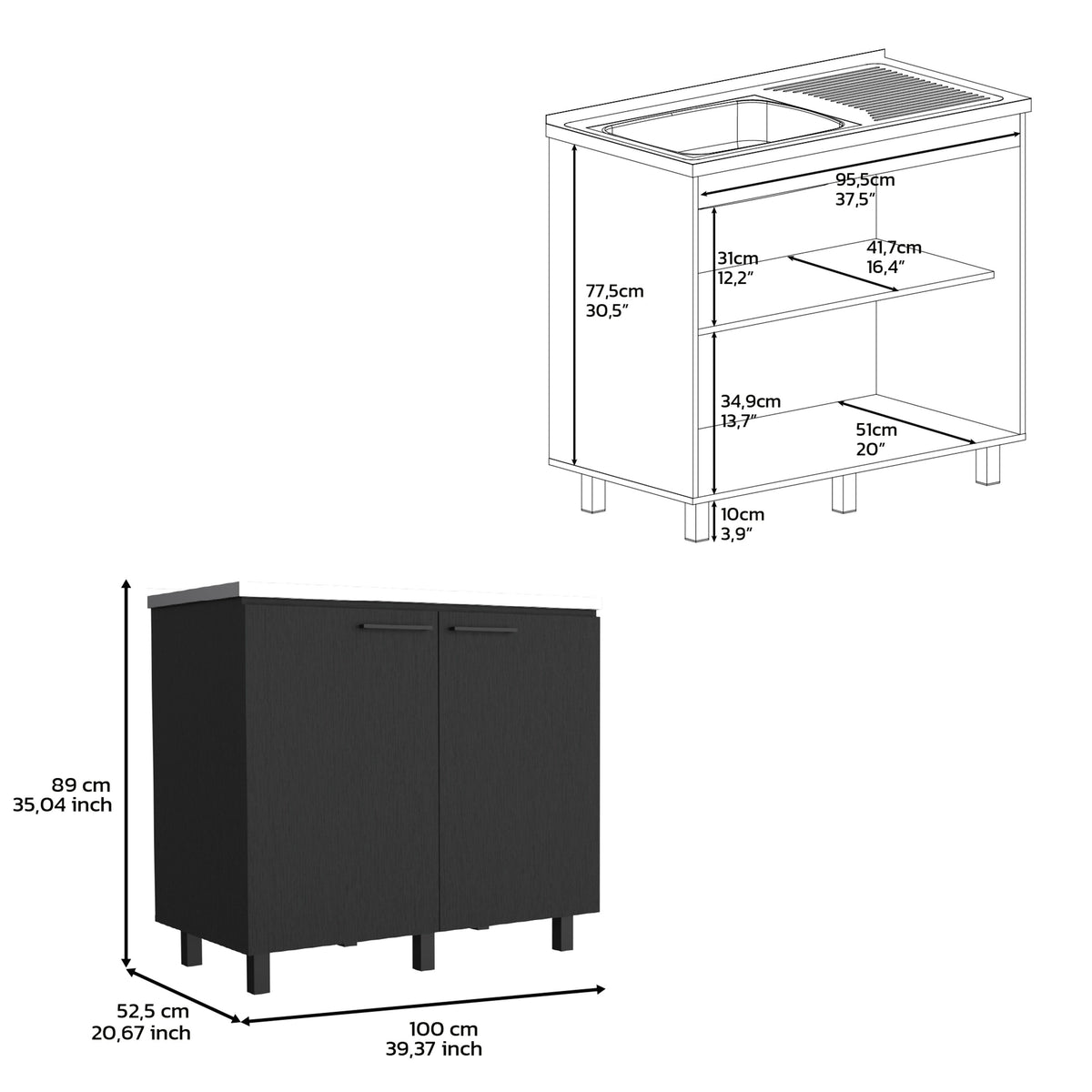 2 Freestanding Utility Base Cabinet - Black, Stainless Steel Countertop