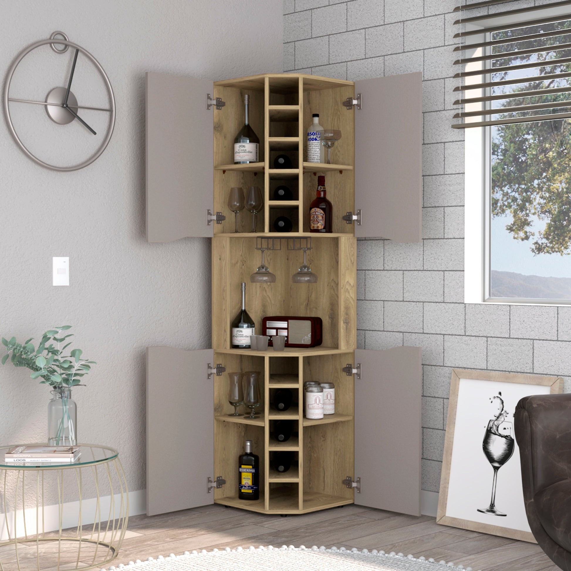 Multicolor Engineered Wood Bar Cabinet with Wine Racks