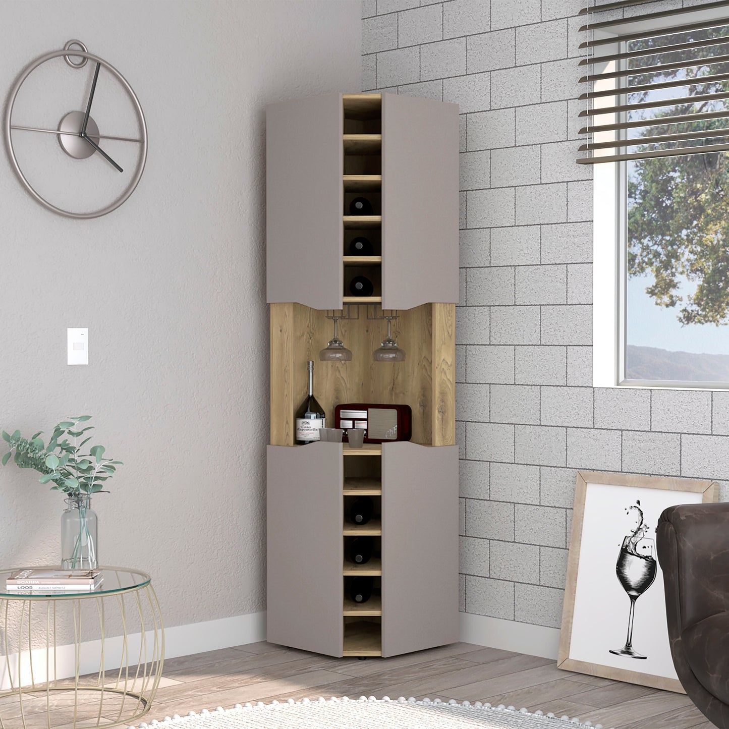 Corner Bar Cabinet, Ten Built-in Wine Rack, Macadamia / Taupe