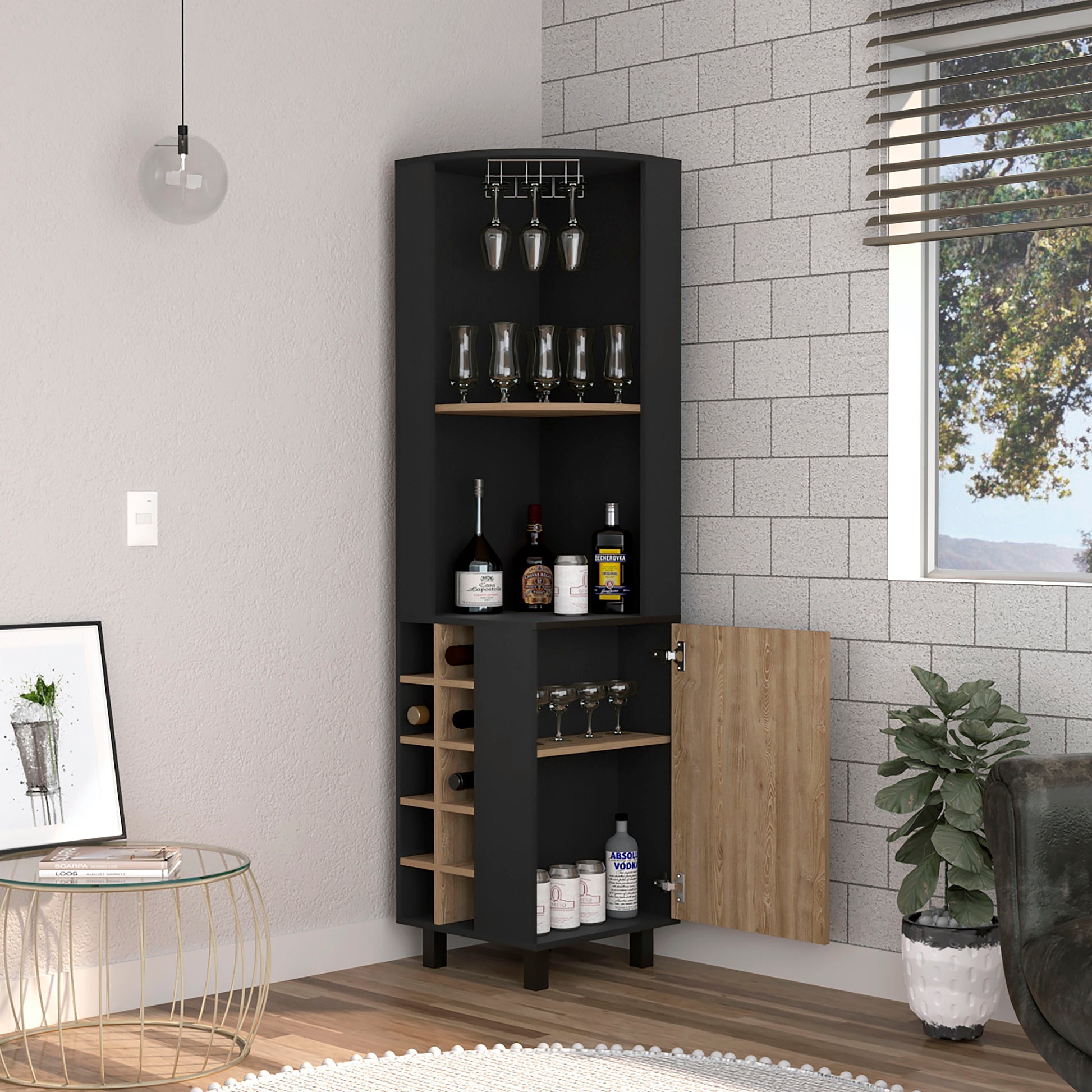 Corner Bar Cabinet - 2 Shelves, 10 Wine Racks for Living Room