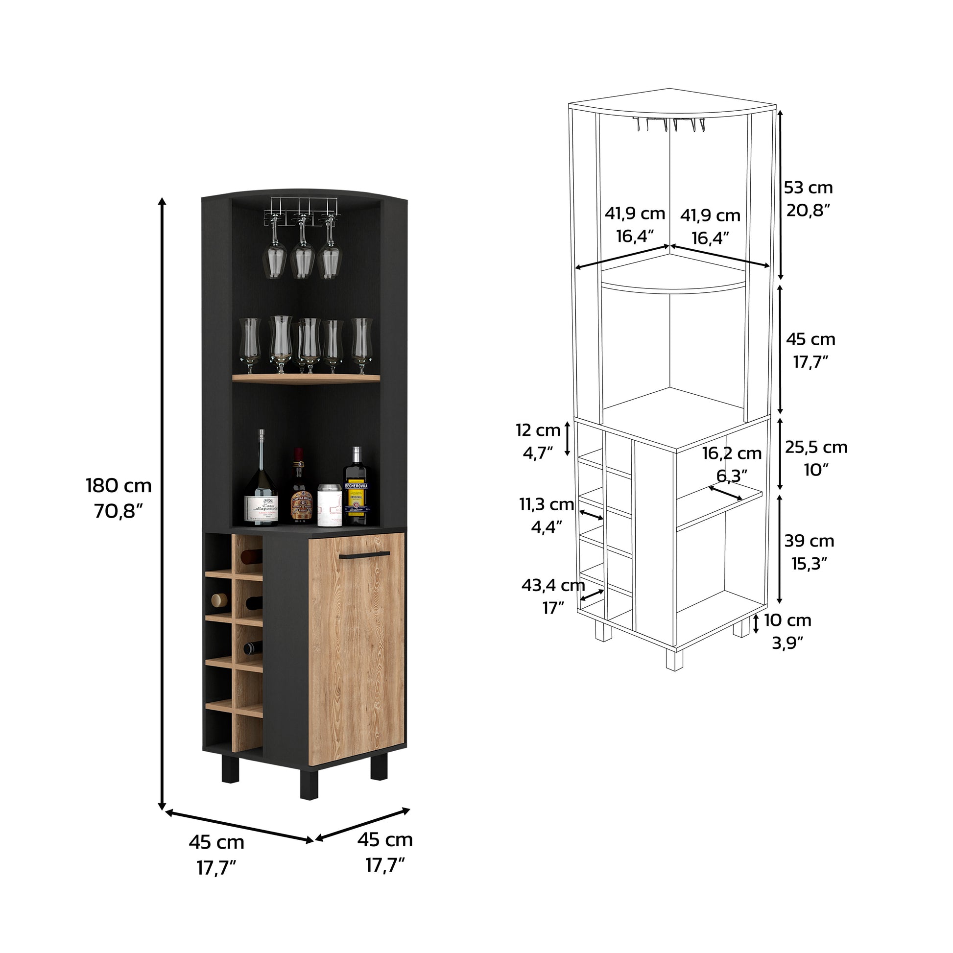 Corner Bar Cabinet - 2 Shelves, 10 Wine Racks for Living Room