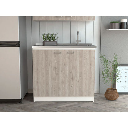 Freestanding Sink, Double Door Cabinet, Two Shelves, White / Light Gray