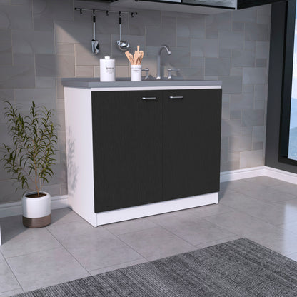 Freestanding Sink, Double Door Cabinet, Two Shelves, White / Black