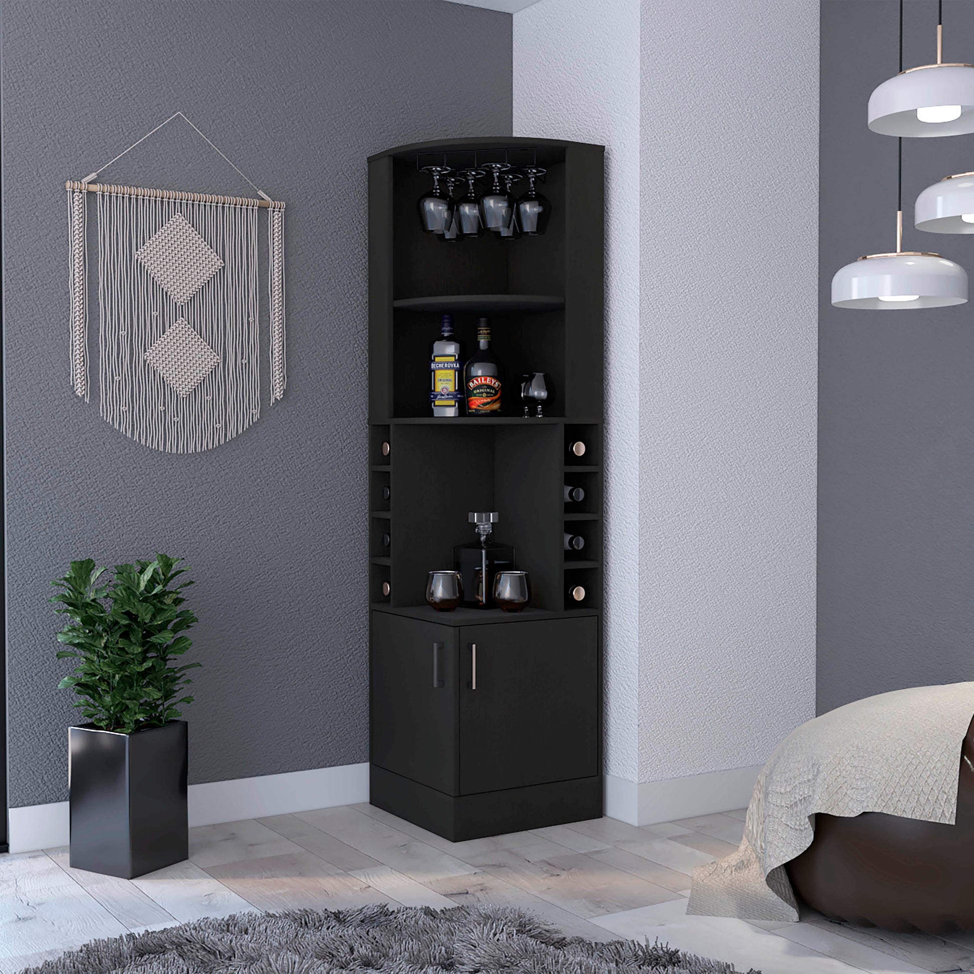 Corner Bar Cabinet, Double Door Cabinet, Glass Rack, Eight Built-in Wine Rack, Black