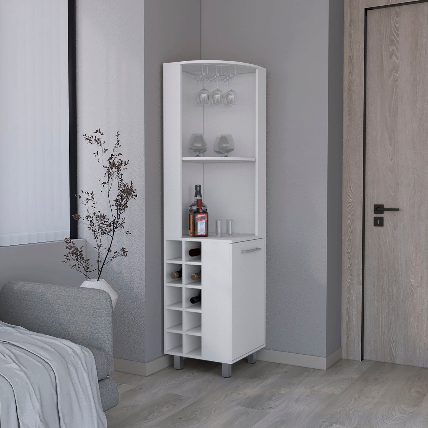 Corner Bar Single Door Cabinet Two Shelves, Ten Built-in Wine Rack, Two Interior Shelves