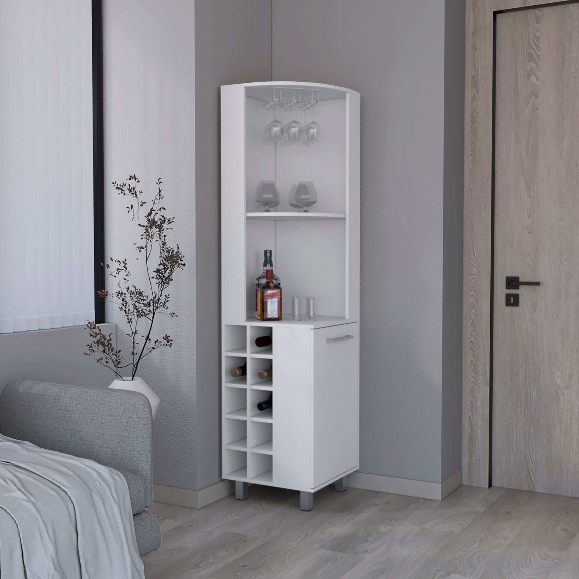 Corner Bar Single Door Cabinet Two Shelves, Ten Built-in Wine Rack, Two Interior Shelves