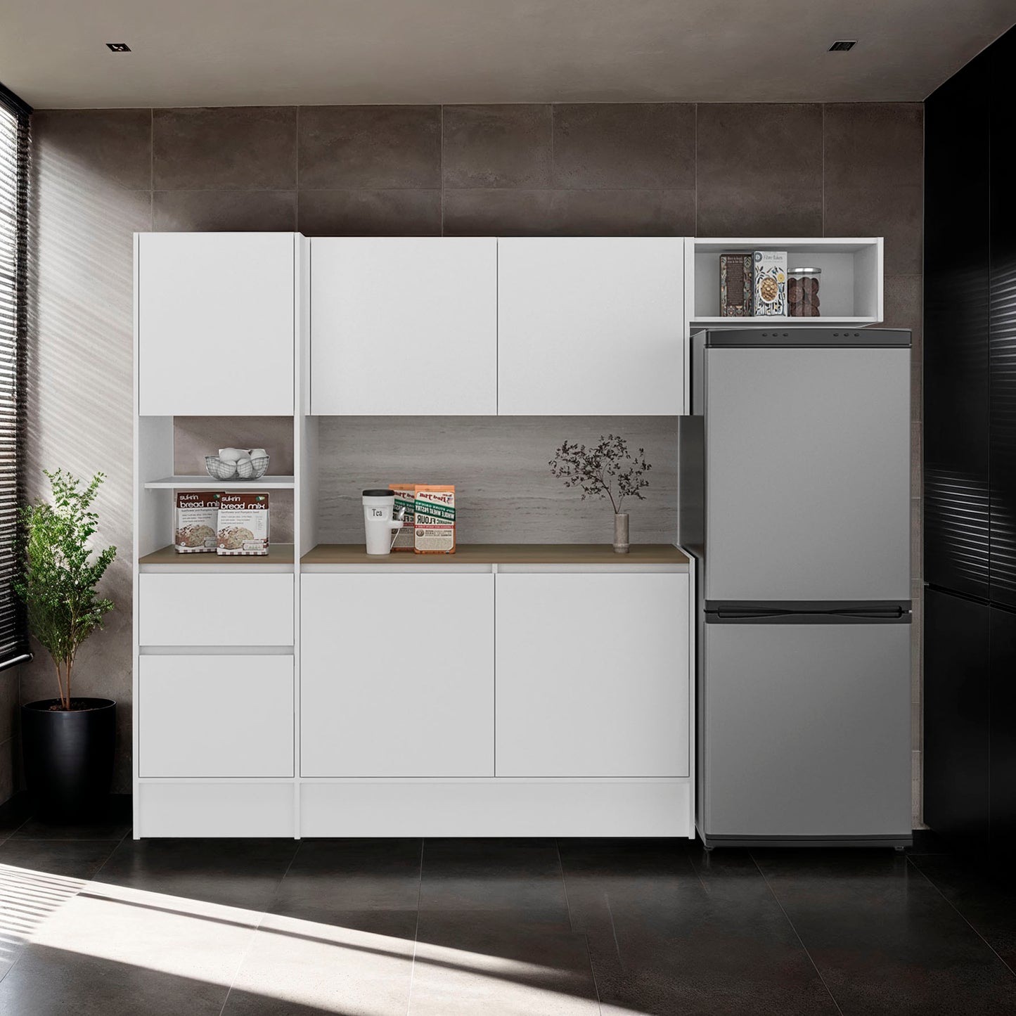 Natoma Kitchen Set, 6 Doors, 1 Drawer, 8 Shelves, White / Natural Oak