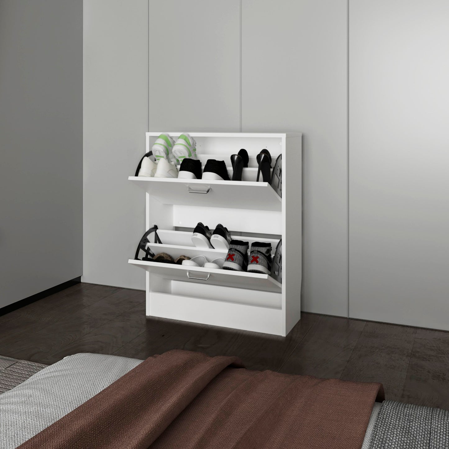 Slim White Shoe Cabinet - 2 Tilt-Out Doors