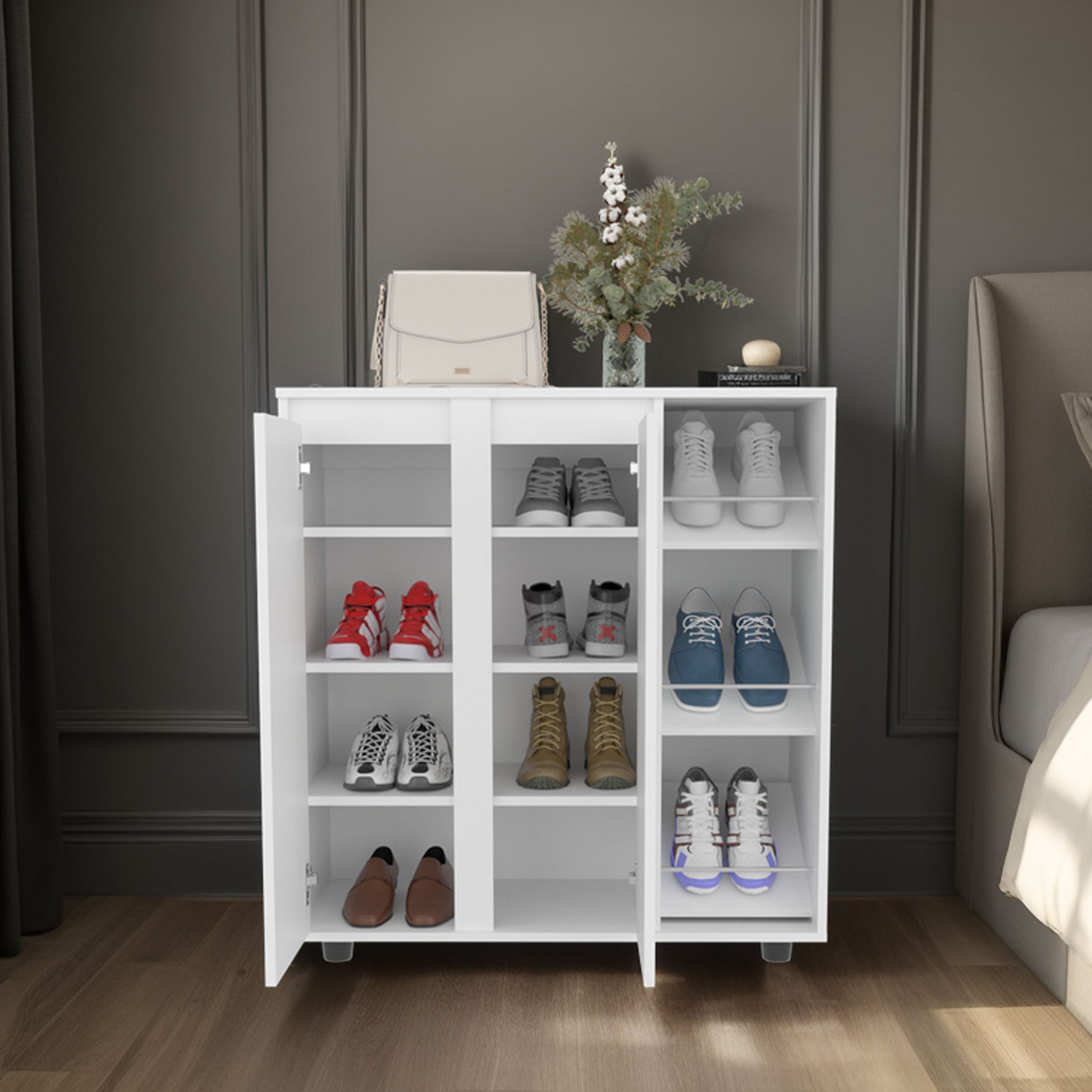 White Shoe Storage Cabinet 36" Tall - Bedroom Bookshelf