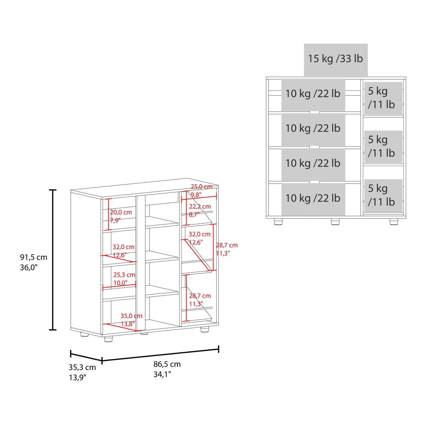 White Shoe Storage Cabinet 36" Tall - Bedroom Bookshelf