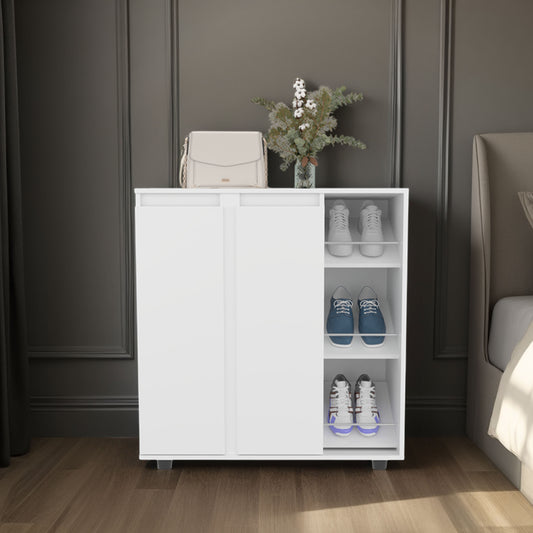Gitano Shoe Storage Cabinet, 2 Doors, 8  Enclosed Shelves, 3 Open Side Shelves, Freestanding Design, Entryway or Bedroom Use, White