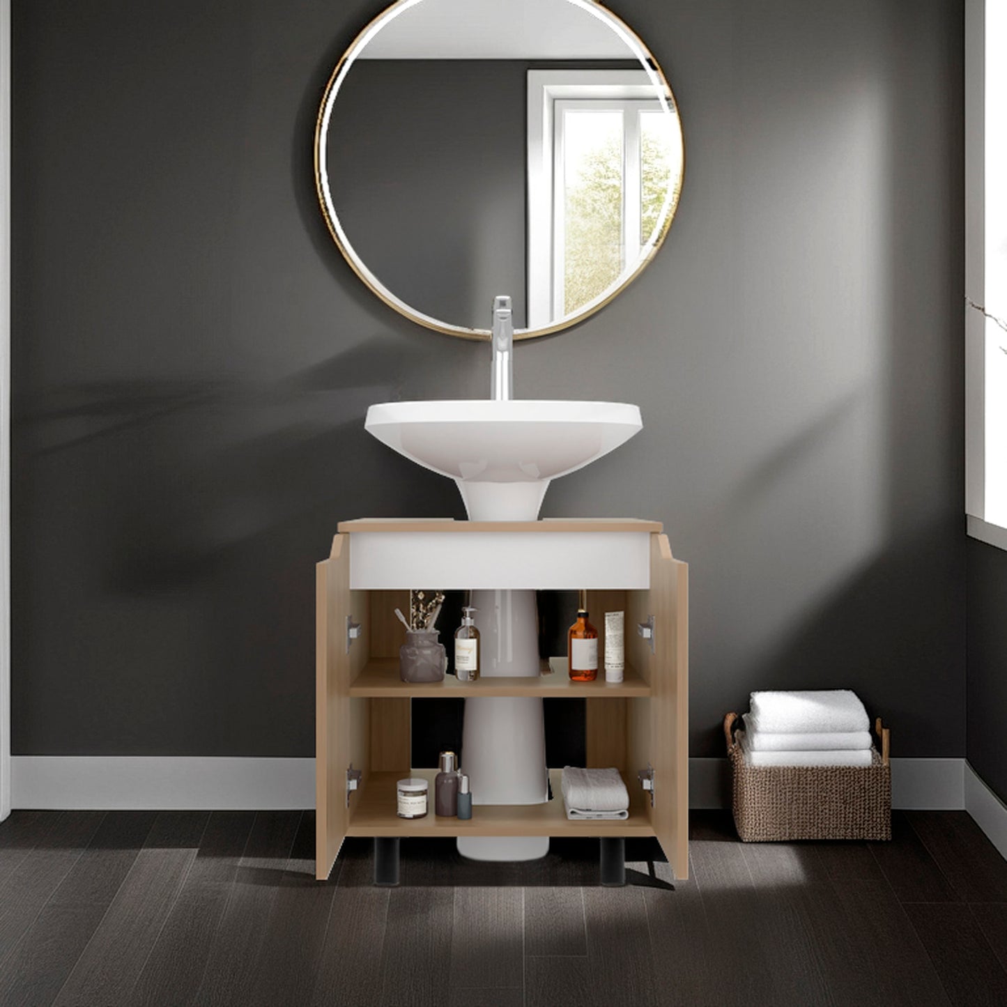 FM FURNITURE  Jerome Under Sink Storage Cabinet with Open Shelves for Bathroom Organization, Natural oak