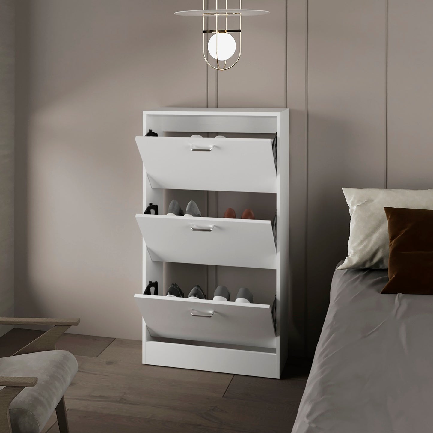 White Shoe Storage Cabinet - 3 Flip-Down Compartments for Living Room