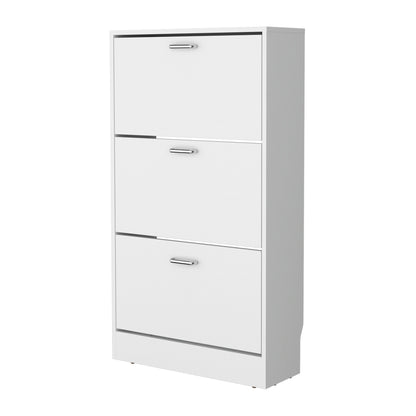 White Shoe Storage Cabinet - 3 Flip-Down Compartments for Living Room