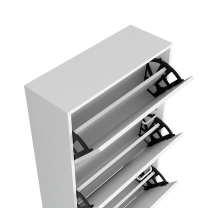 White Shoe Storage Cabinet - 3 Flip-Down Compartments for Living Room