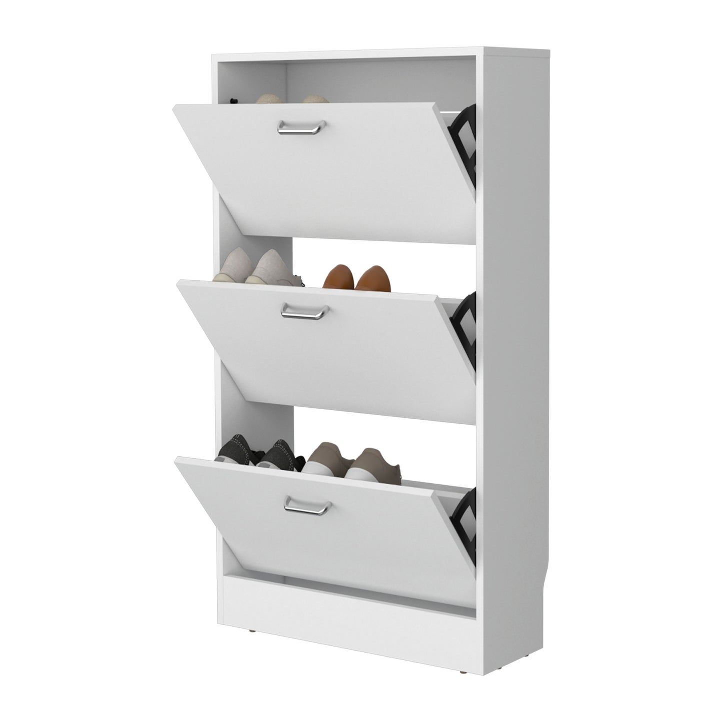 White Shoe Storage Cabinet - 3 Flip-Down Compartments for Living Room