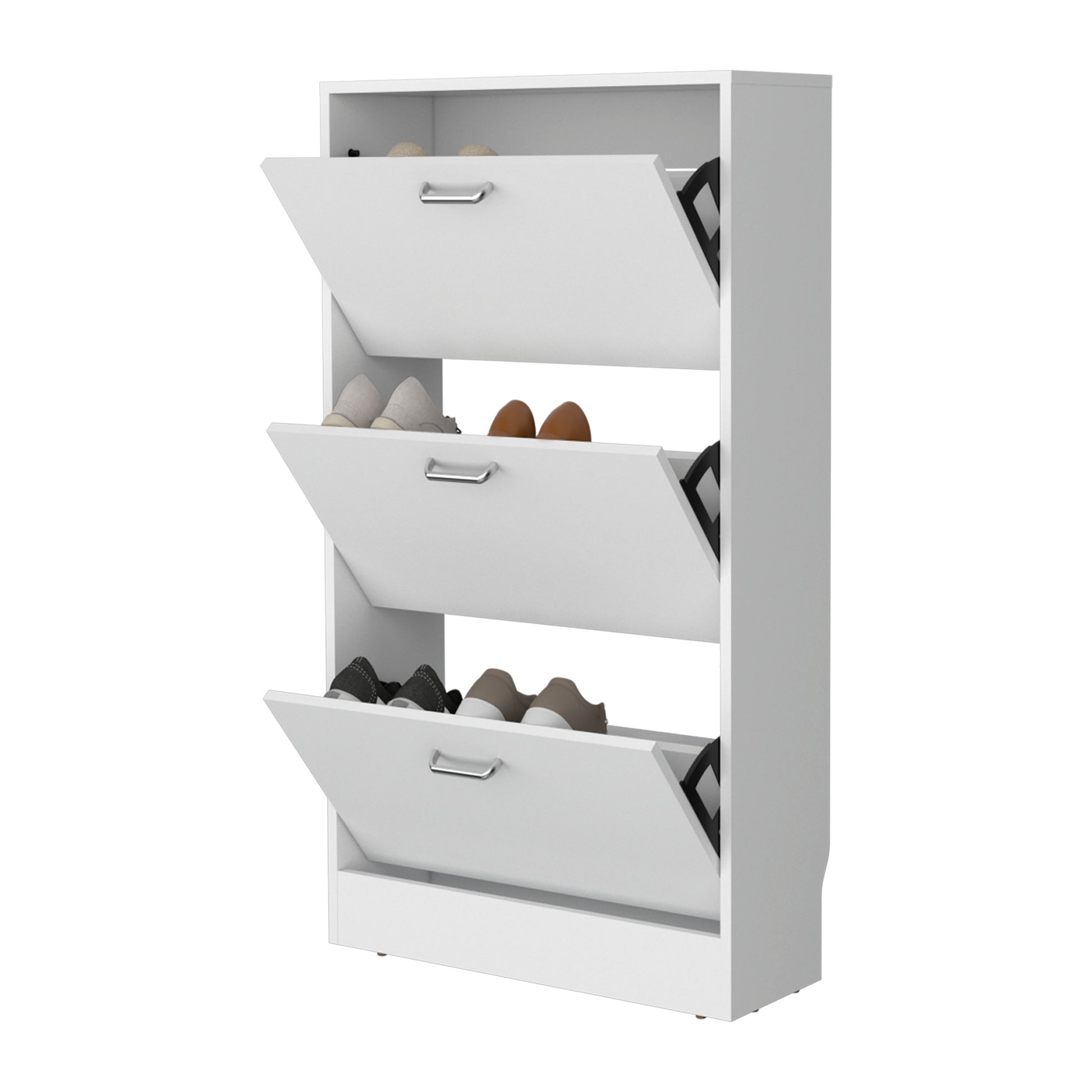 White Shoe Storage Cabinet - 3 Flip-Down Compartments for Living Room