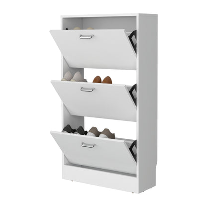 White Shoe Storage Cabinet - 3 Flip-Down Compartments for Living Room