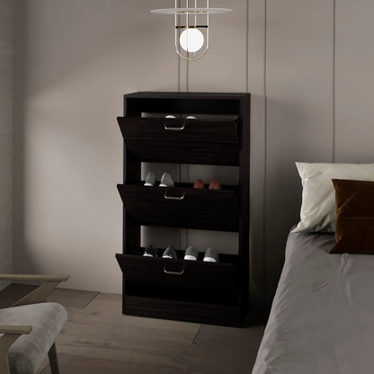 Wenge Shoe Storage Cabinet - 3 Flip-Down Compartments for Living Room