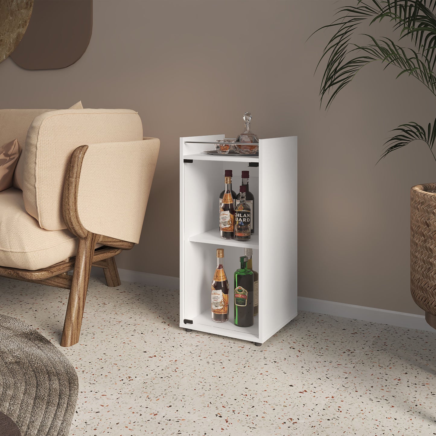 Glass Door Bar Cabinet with Shelves, White