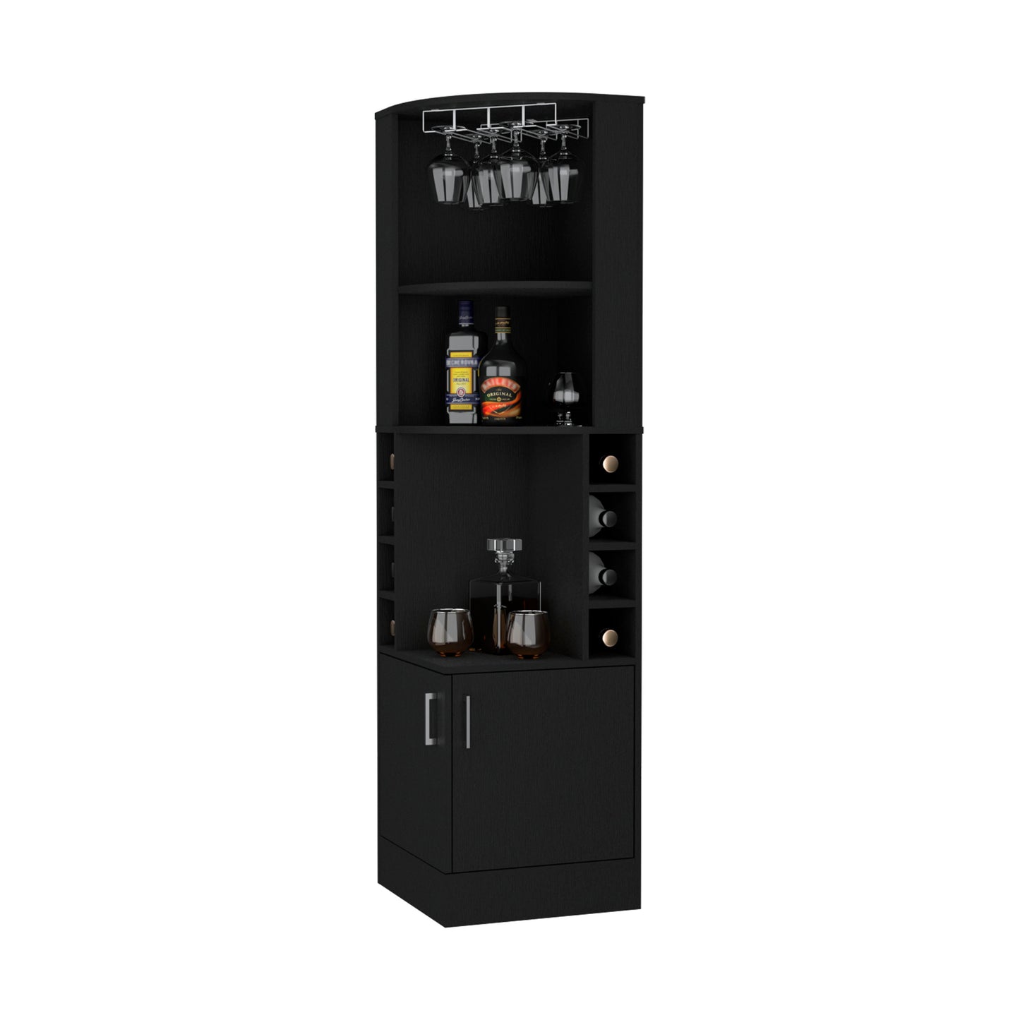 Black Corner Bar Cabinet with Wine Rack - 18"W x 18"D x 71"H