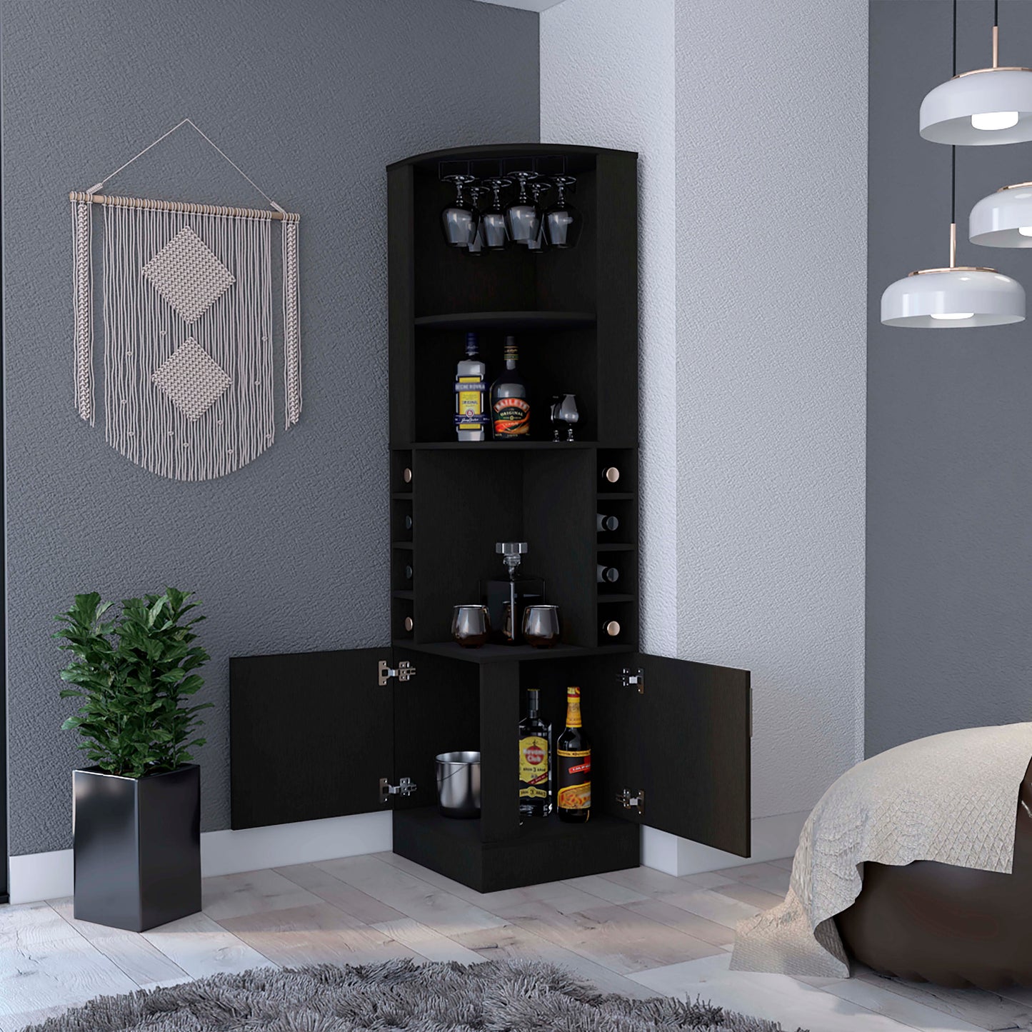 Black Corner Bar Cabinet with Wine Rack - 18"W x 18"D x 71"H