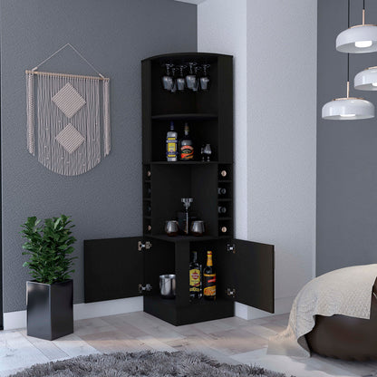 Black Corner Bar Cabinet with Wine Rack - 18"W x 18"D x 71"H