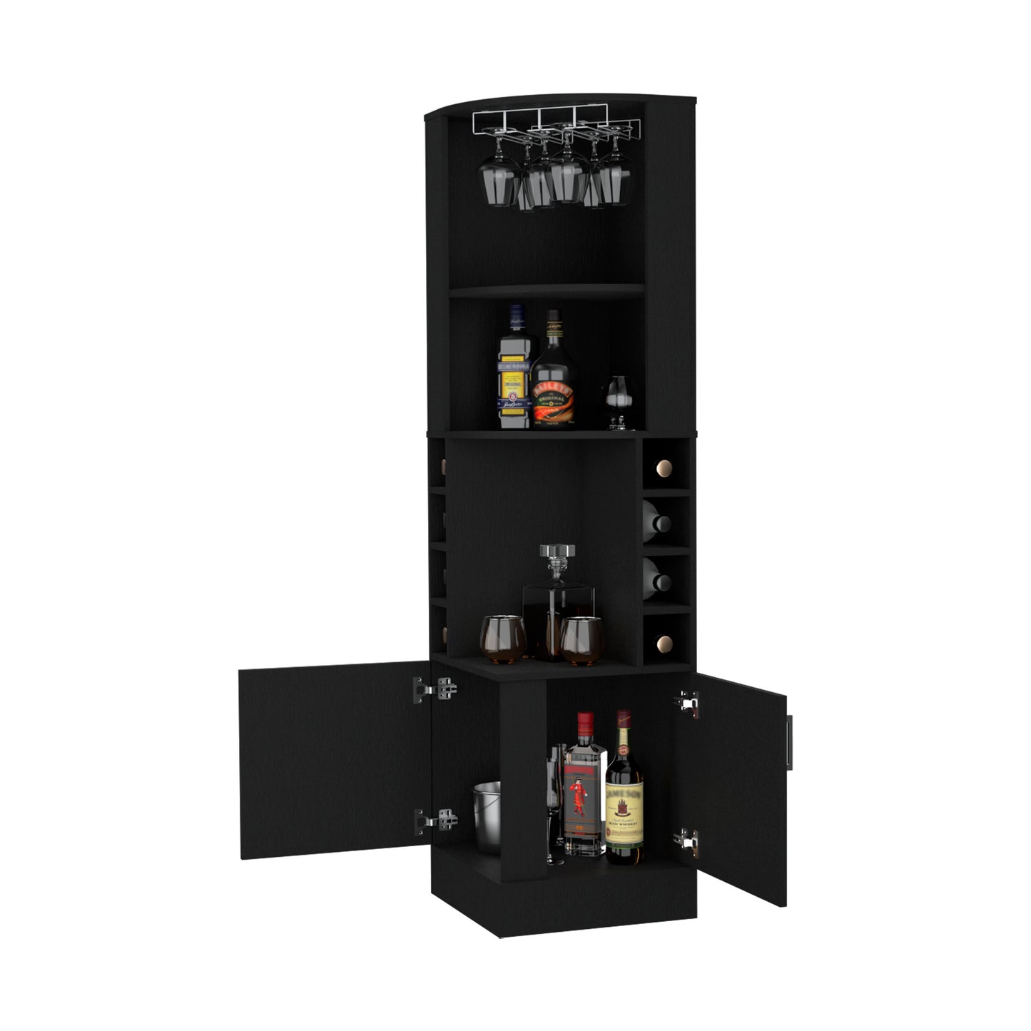 Black Corner Bar Cabinet with Wine Rack - 18"W x 18"D x 71"H