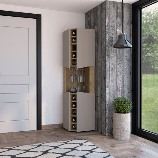 Lyla Corner Bar Cabinet, Ten Built-in Wine Rack, Four Door Cabinet, Four Interior Shelves