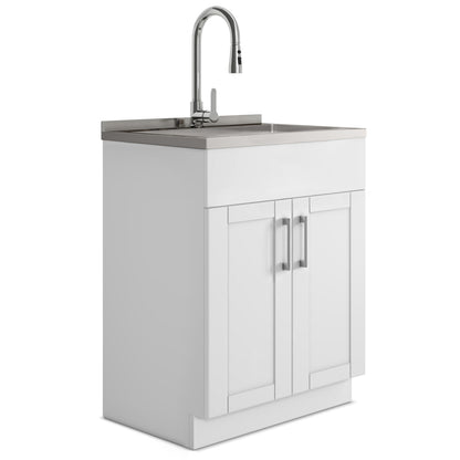 Modern Wide Shaker - 28" Laundry Cabinet with Faucet and Stainless Steel Sink - White