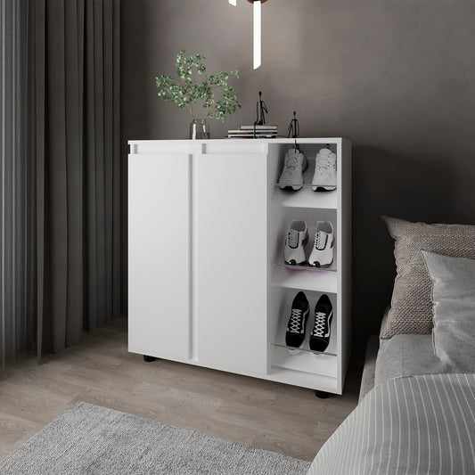 Houck Shoe Rack with 3 Side Tiers, Compact Storage for Shoes, Boots, and Accessories Organizer, White