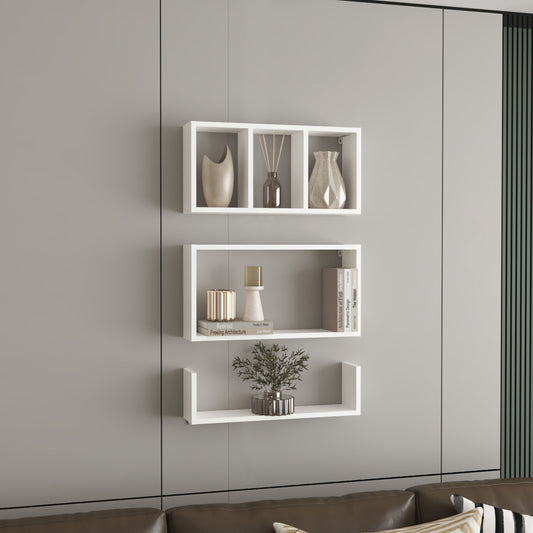 Trego Wall Shelves Set of 3, Modern Floating Shelves for Home Storage and Decoration of Living Rooms, Studios, Office or Bedroom, White