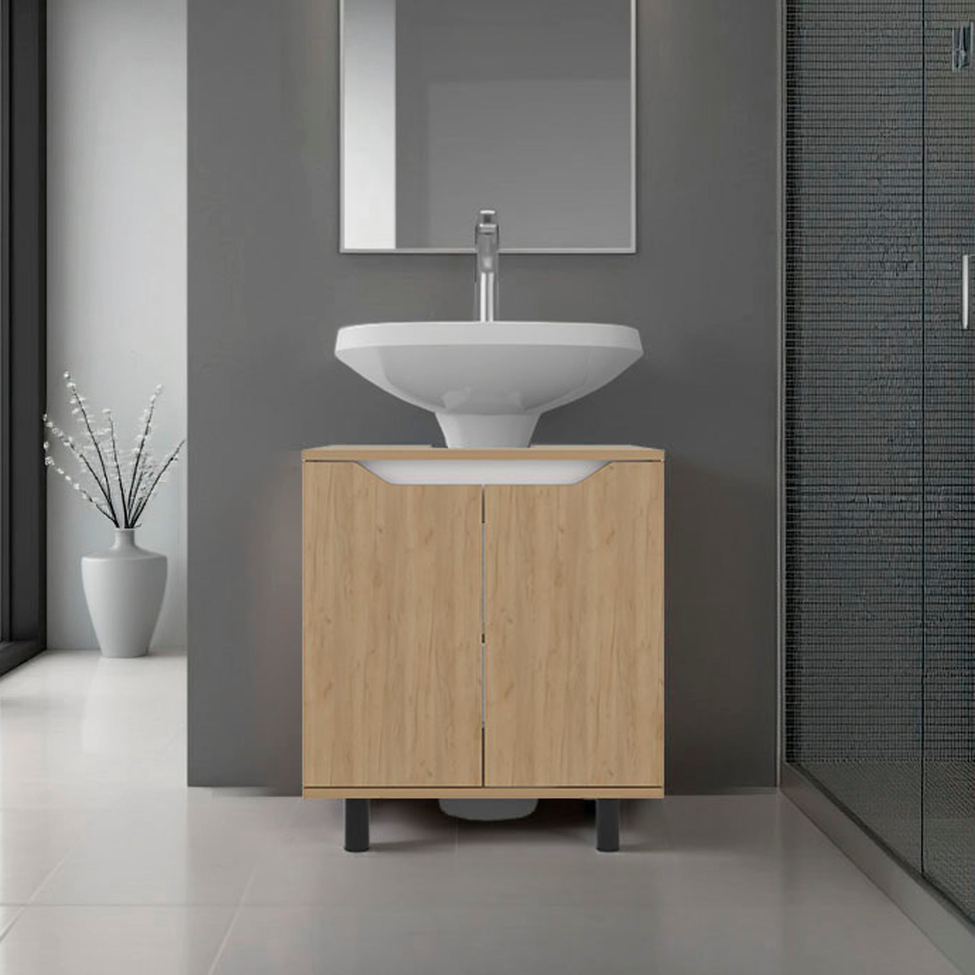 Marlo Under Sink Cabinet with Two Doors and Interior Storage Shelves, Cut-Out Back, 22 Wide Freestanding, Modern Bathroom Storage, Natural Oak