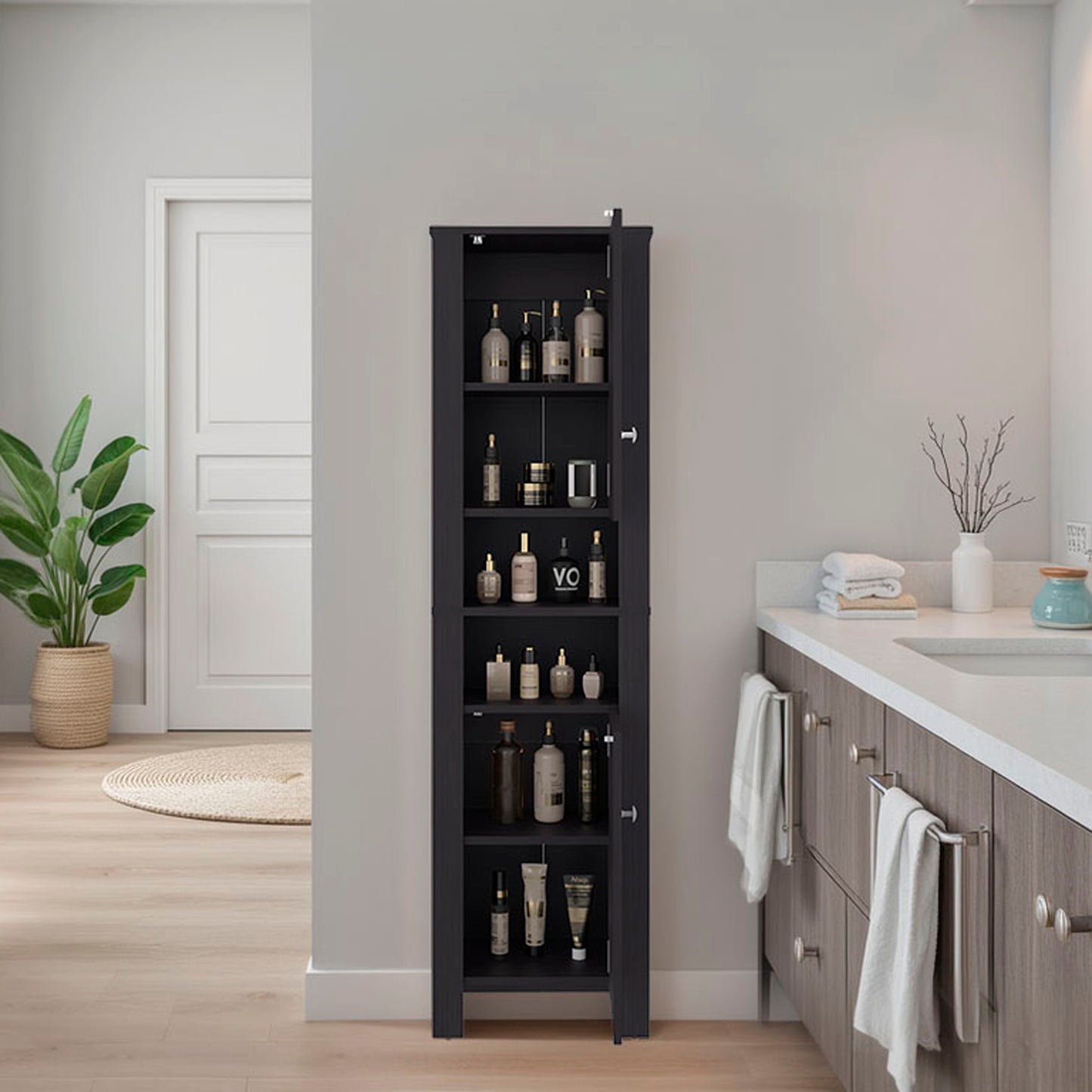Black Bathroom Cabinet with Storage - 10.9"W x 17.4"D x 63.3"H for Living Room