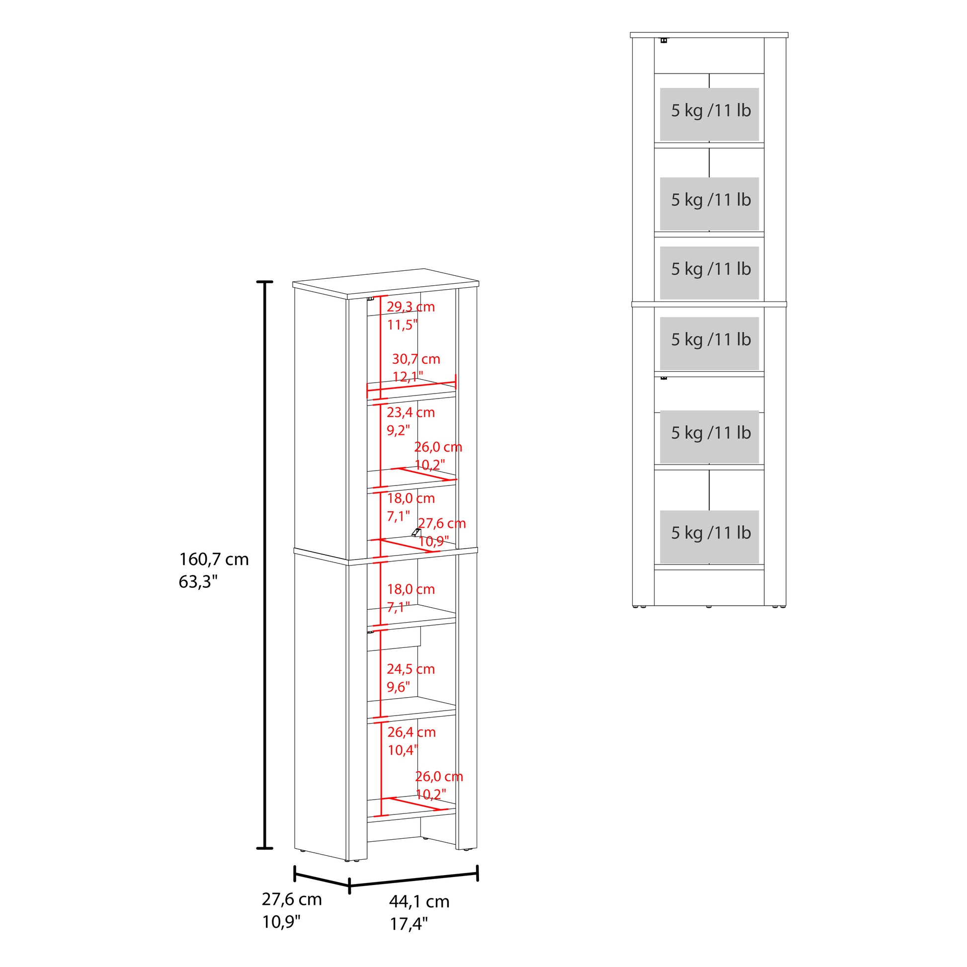 Black Bathroom Cabinet with Storage - 10.9"W x 17.4"D x 63.3"H for Living Room