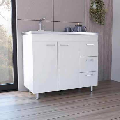 Ferretti Base Cabinet , Three Drawers, Double Door, Four Legs -White
