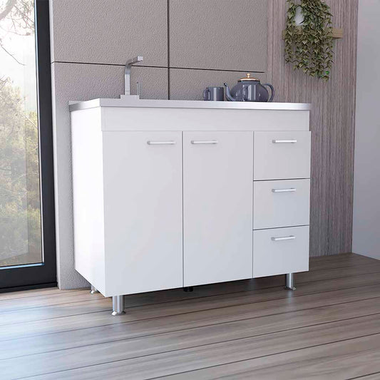 Ferretti Base Cabinet , Three Drawers, Double Door, Four Legs -White