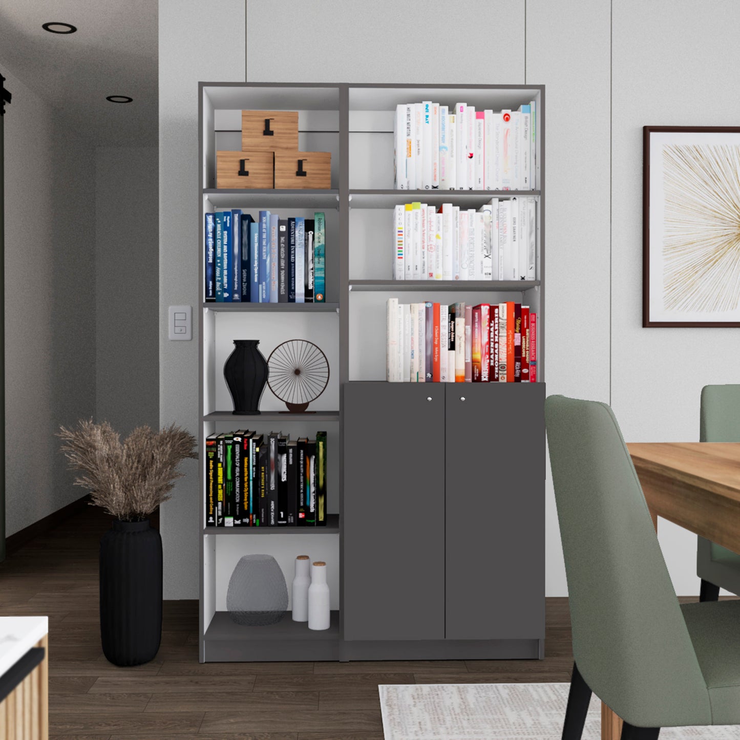 Micco 2 Piece 2 Piece Home Bookcase set, 42" Wide  with 8 Shelves and Double Door Cabinet, Living Room Set Matte Gray - White