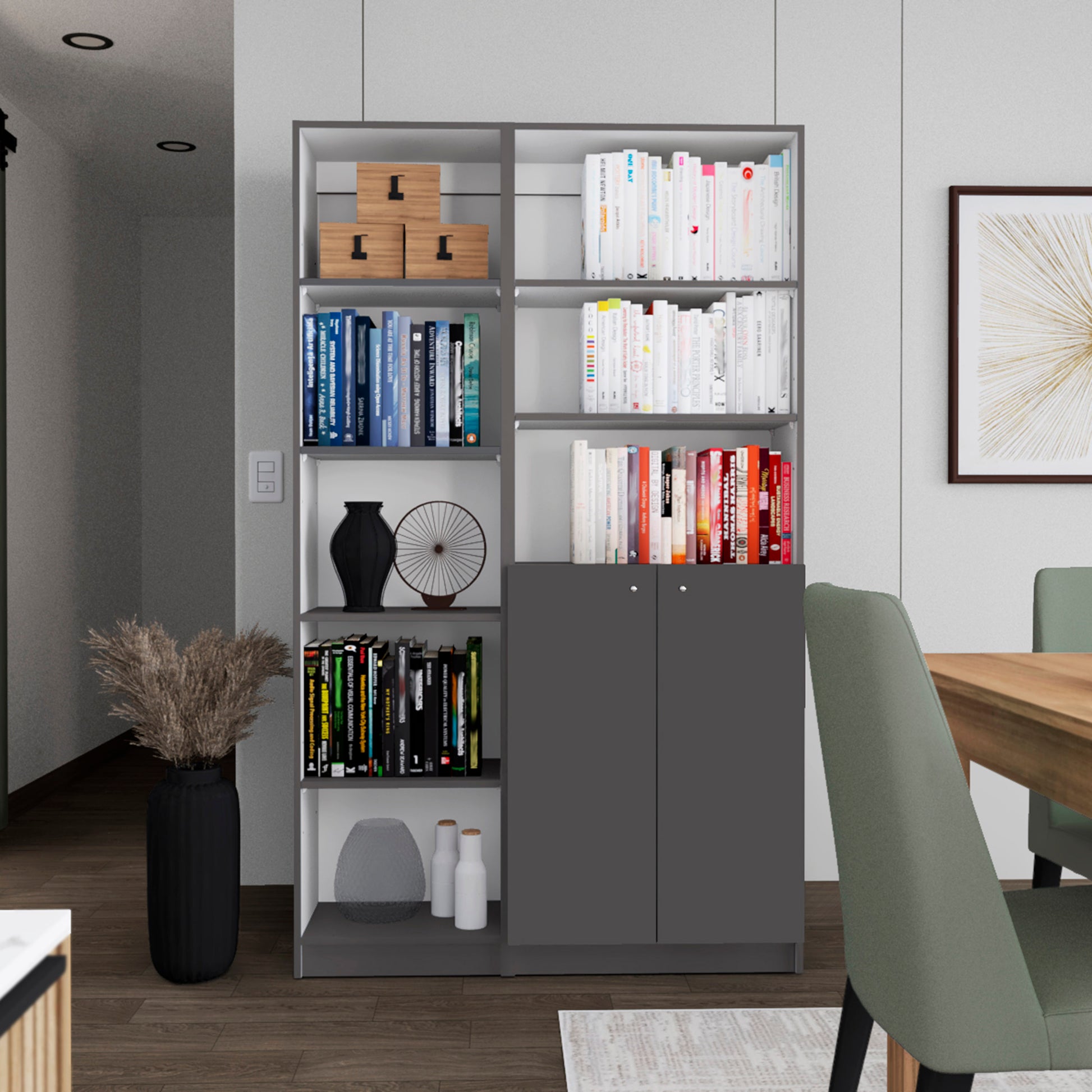 Micco 2 Piece 2 Piece Home Bookcase set, 42" Wide  with 8 Shelves and Double Door Cabinet, Living Room Set Matte Gray - White