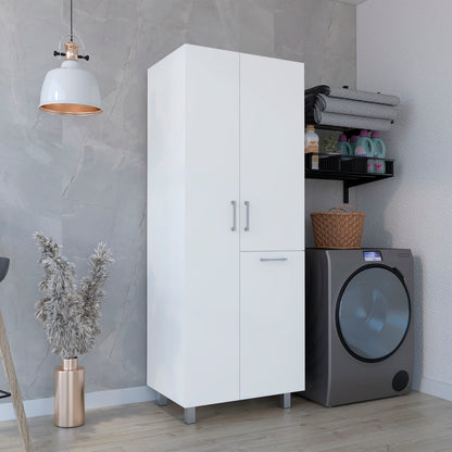 Iris 71" High Two-Door Broom Closet With Hamper, Four Shelves, Hangers, Storage Closet, Pantry Cabinet