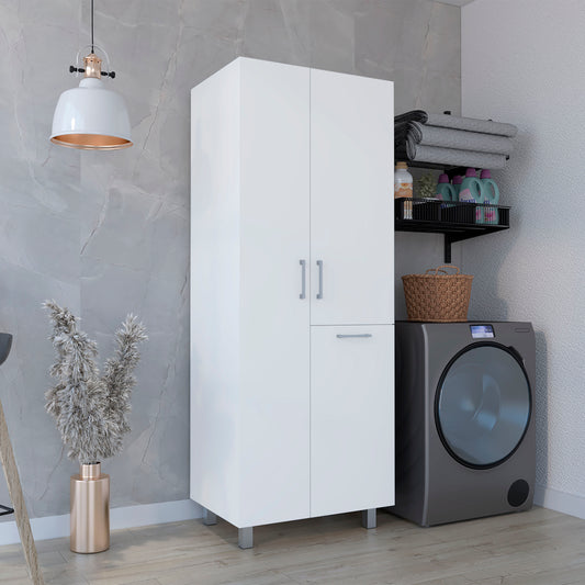 Iris 71" High Two-Door Broom Closet With Hamper, Four Shelves, Hangers, Storage Closet, Pantry Cabinet
