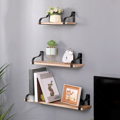 Floating Shelves Set of 3 - Natural Wood Wall Mounted Display Shelves