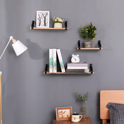 Floating Shelves, Long Wall Shelves Set of 3, Wall Mounted Shelves with Brackets for Bedroom, Living Room, Kitchen, Bathroom – Natural Wood