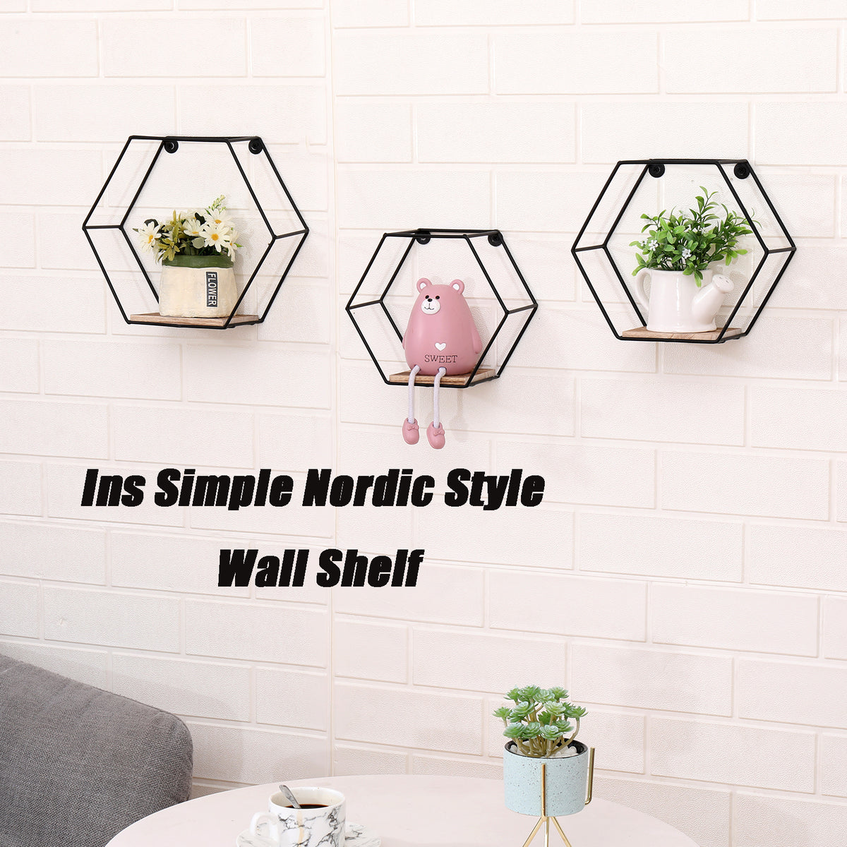 3 Tier Metal & Wood Floating Shelves - Natural Wood for Living Room