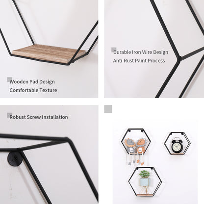 3 Tier Metal & Wood Floating Shelves - Natural Wood for Living Room