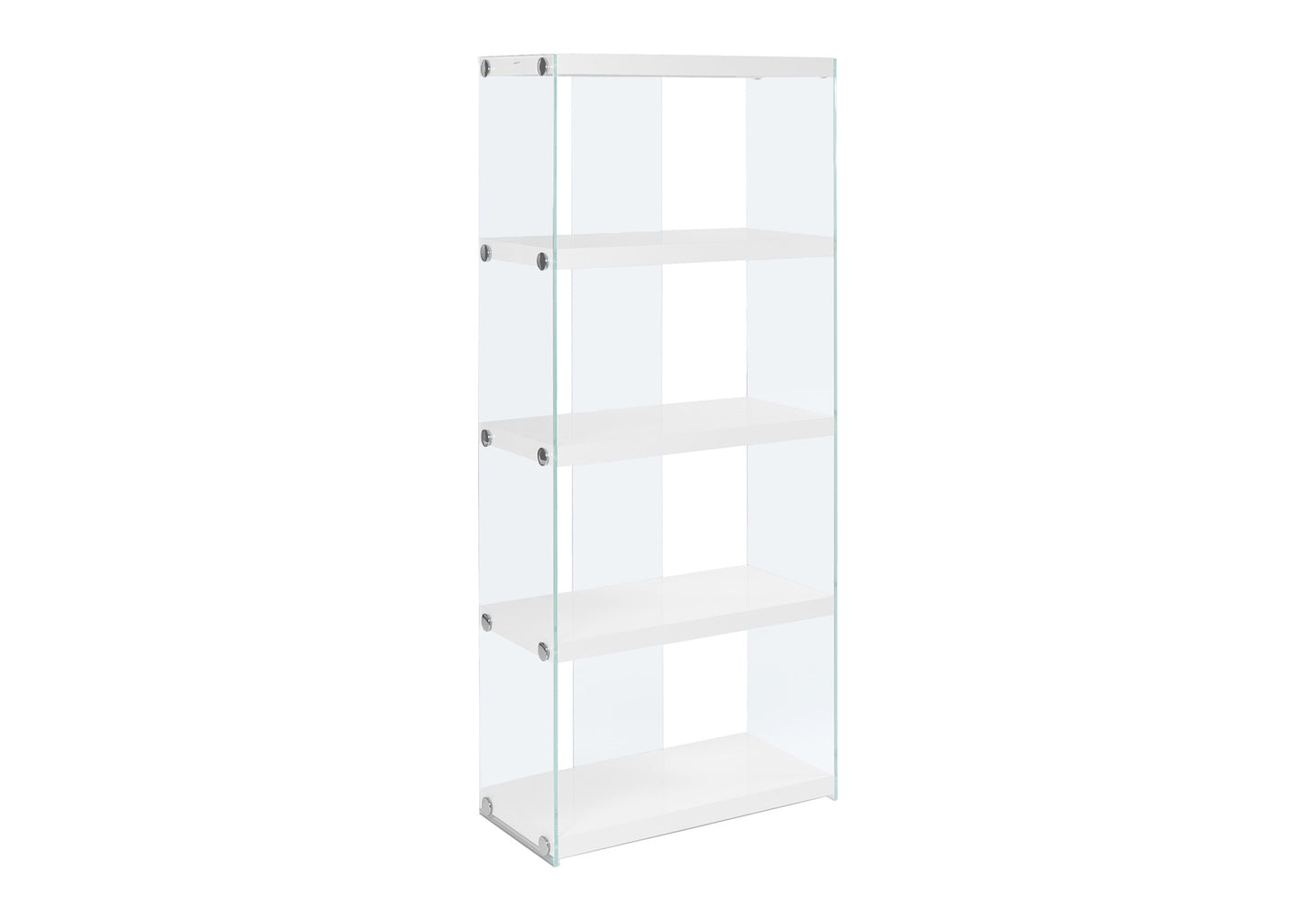 Bookshelf, Bookcase, Etagere, 5 Tier, 60"h, Office, Bedroom, Glossy White Laminate, Clear Tempered Glass, Contemporary, Modern