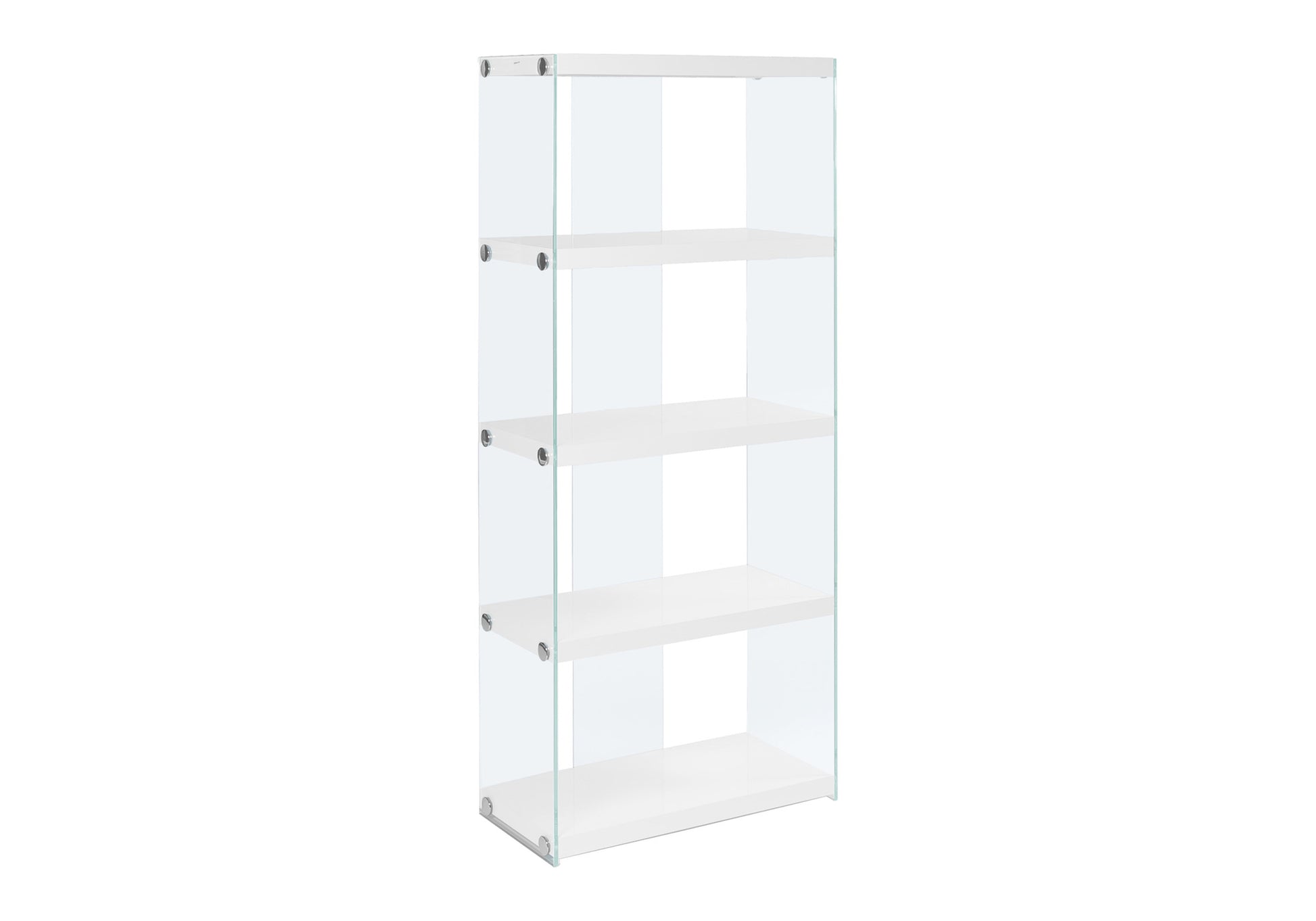 Bookshelf, Bookcase, Etagere, 5 Tier, 60"h, Office, Bedroom, Glossy White Laminate, Clear Tempered Glass, Contemporary, Modern