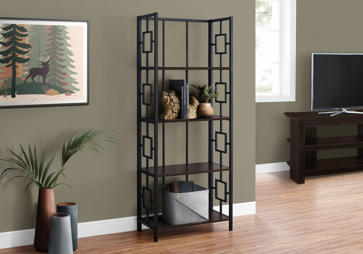 Bookshelf, Bookcase, Etagere, 4 Tier, 62"h, Office, Bedroom, Brown Laminate, Black Metal, Contemporary, Modern