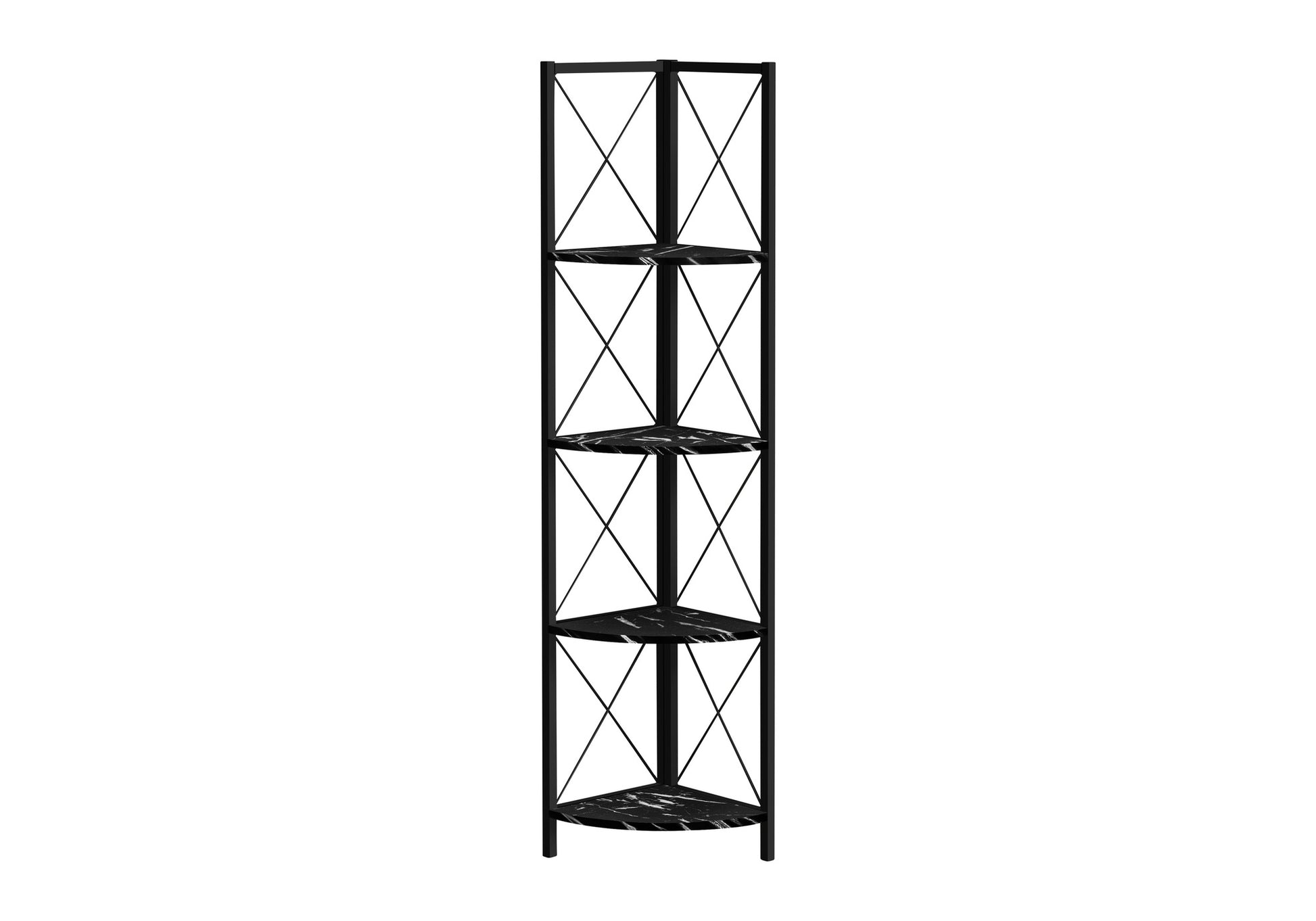Bookshelf, Bookcase, Etagere, Corner, 4 Tier, 60"h, Office, Bedroom, Black Marble Look Laminate, Black Metal, Contemporary, Modern